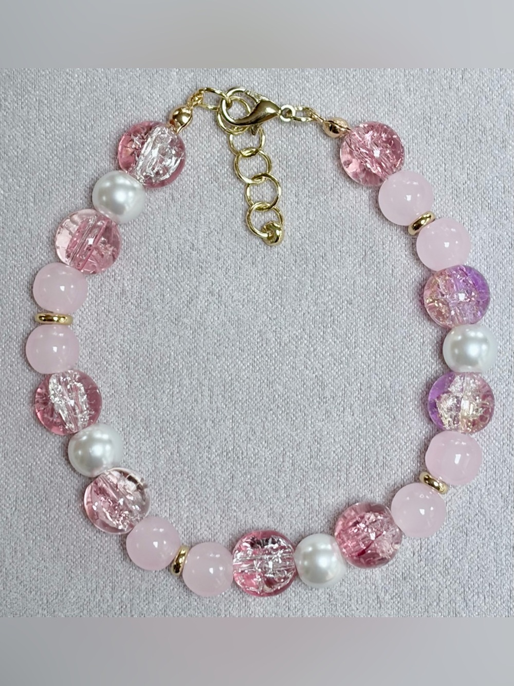 Dainty Bracelet-crackled glass beads,pink beads,pearls, gold filled spacers.NWOT